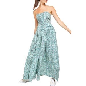 Free People Mustang Strapless Ruched Back Wide Leg Jumpsuit In Tea Combo